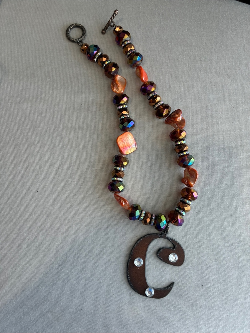 Handcrafted Brown & Iridescent Beaded Necklace with 'C' Pendant